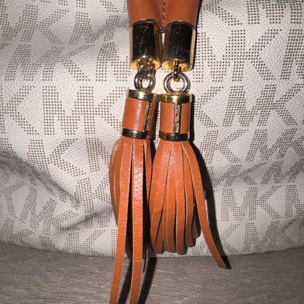 Michael Kors Cream Monogram Drawstring Shoulder Bag with Brown Trim